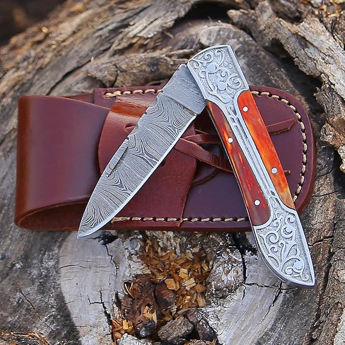6.5 inch Damascus Pocket Knife with Sheath, Handmade Folding Pocket Knife for Men, Black-Red Wooden Handle with Brass Bolster, Secure Lock Back Camping Knife for EDC,Hunting,Hiking (Multi)