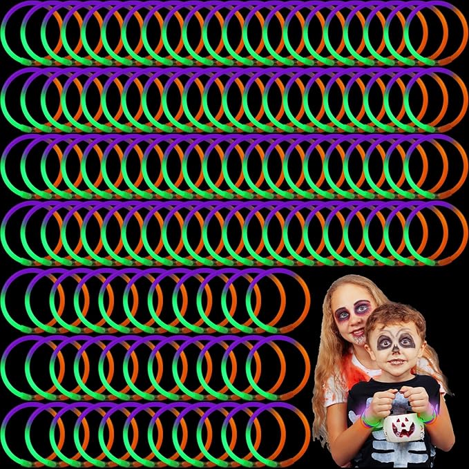 Wettarn 100 Pcs Halloween Glow Sticks 8" Halloween Bracelets Party Supplies Glow in The Dark Bracelets Orange Green Purple Light up Bracelet Party Favors Carnival Decorations