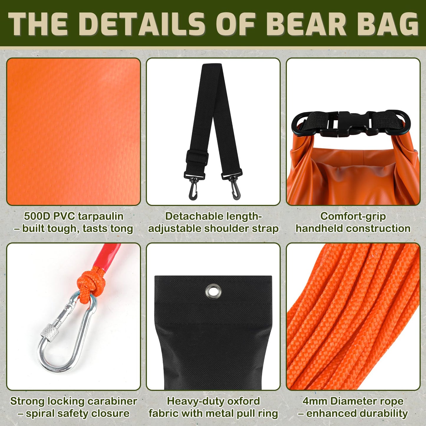 15L Bear Bags for Food Backpacking, Waterproof Bear Bag Hanging Kit, Orange