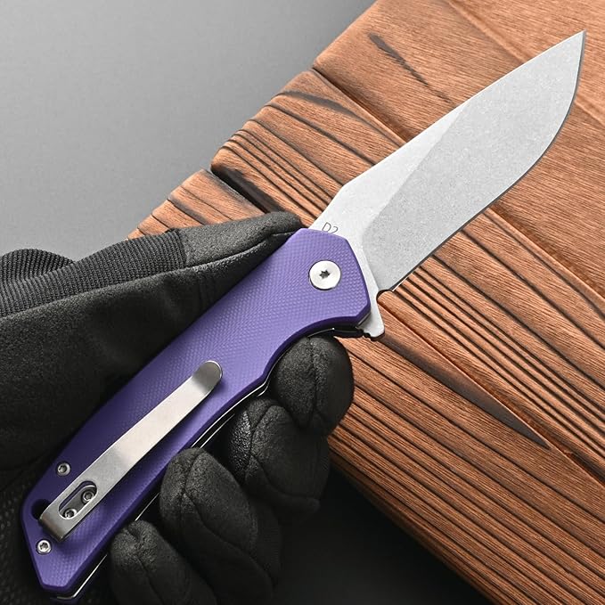 FF17 Folding Pocket Knife,D2 Steel Blade G10 Handle EDC Tool Knife for Outdoor Camping,Hiking,Hunting Fishing (Purple)