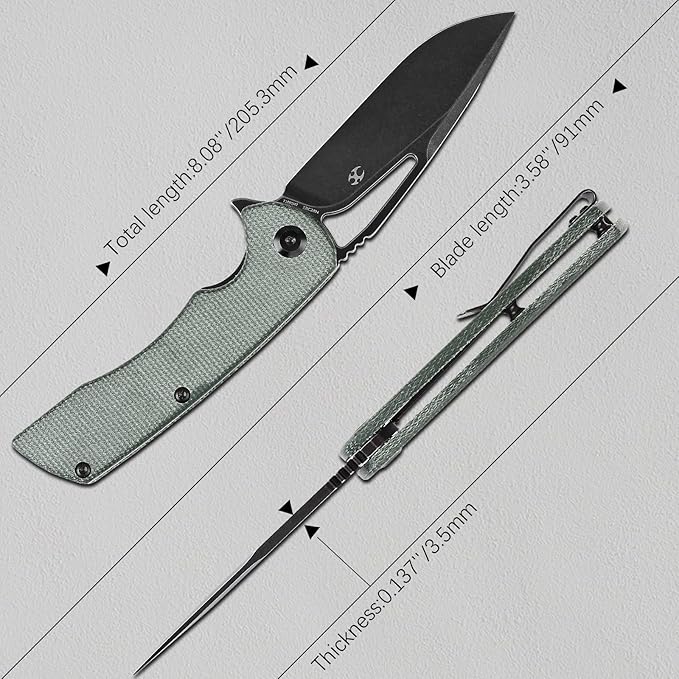 KANSEPT Kryo Pocket Knife 8.08in Folding Knives with 3.58in12C28N Steel Drop Point Blade and Green Micarta Handle for Outdoor, Tactical, Survival and EDC T1001M2