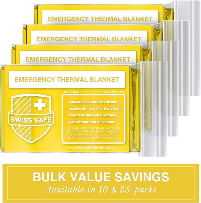 Swiss Safe 10 Pack Mylar Emergency Blankets for Survival - Compact & Insulated for Cold Weather - Designed for NASA, Outdoor, Running, Camping, Survival, First Aid Car Kit - Gold, 10 Pack