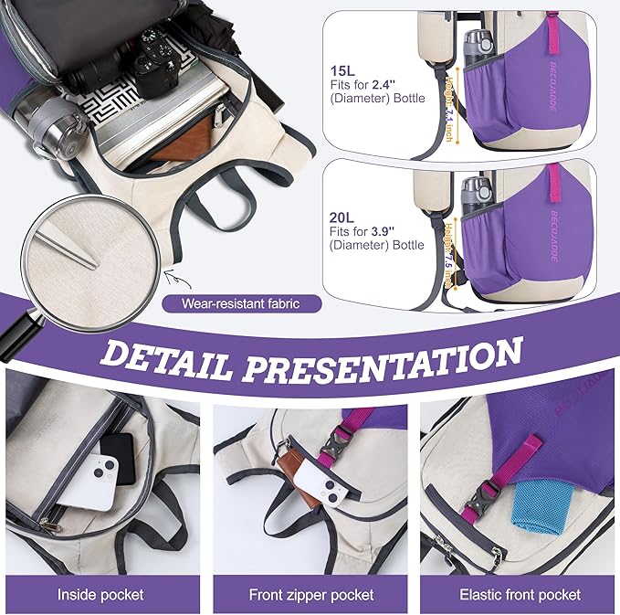 20L Small Hiking Backpack for Men Women Foldable Packable Back Pack Ultralight Hiking Daypack for Travel Camping Outdoor, Beige Purple