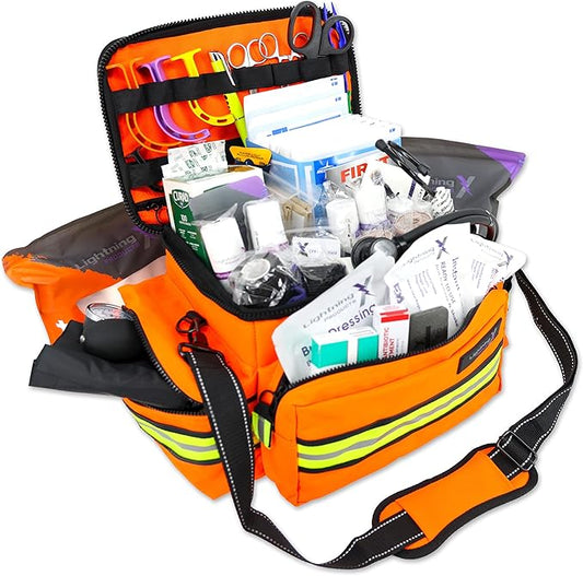 Lightning X Mid-Sized First Responder EMT Bag | LXMB25 | Fully Stocked w/ 240+ First Aid, EMS & Trauma Supplies - ORANGE