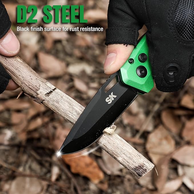 SK Folding Pocket Knife, Premium D2 Steel Blade, Aluminum Handle with Wire Belt Clip
