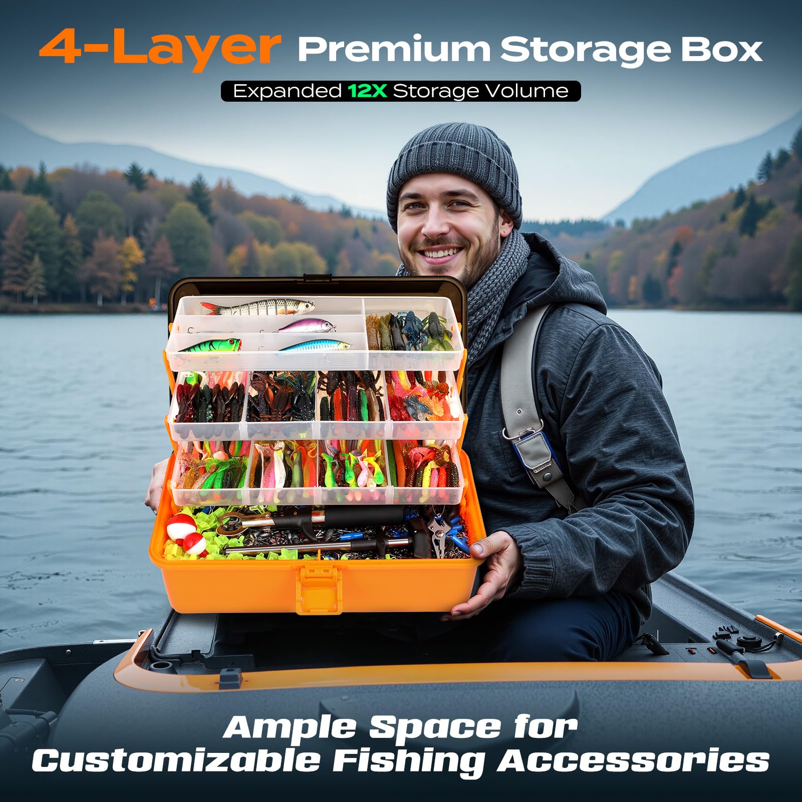 PLUSINNO Fishing Tackle Kit, Large 12X Spacious 4-Layer Tackle Box, 547 Pcs