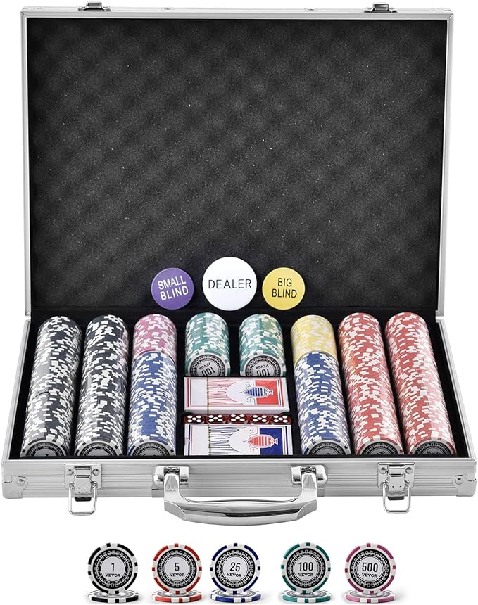 VEVOR Poker Set, 500-Piece Complete Poker Playing Game Set for Texas Hold'em, Blackjack, Gambling, Poker Chip Set with Aluminum Carrying Case, 11.5 Gram Casino Chips, Cards, Buttons and Dices