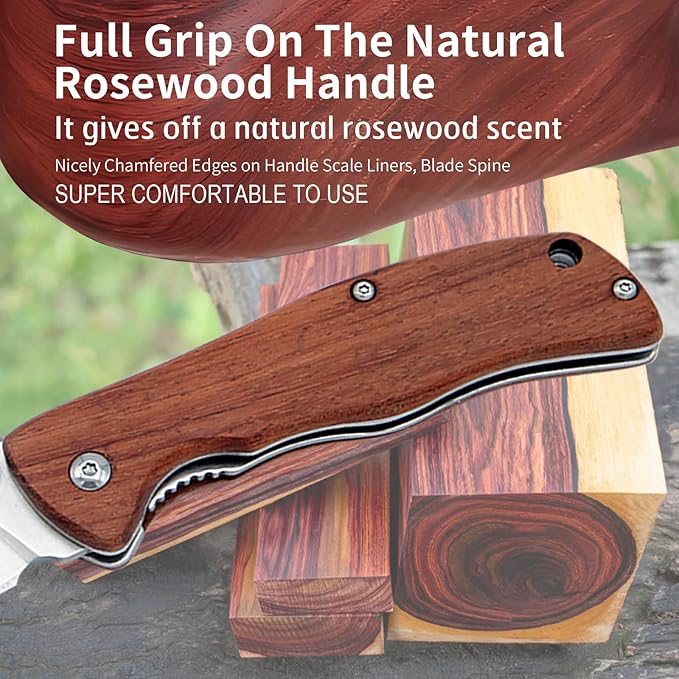 Vickay Pocket Knife for Men, Folding Knife with Clip, 3.74" 8Cr13MoV Steel Blade, Wood Handle EDC Knife for Outdoor Capmping, Tactical, Hunting and Fishing Gift