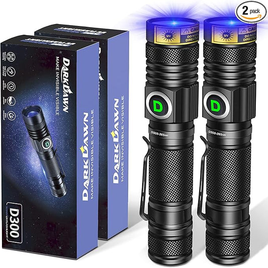 DARKDAWN UV Flashlight 365nm, LED Blacklight Flashlight, USB Rechargeable flashlights, Powerful Fluorescent Portable Mini Detector for Pet Urine Stains, Uranium Glass, Money, Resin Curing, 2 Pack