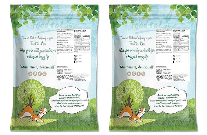 Food to Live Organic Whole Dried Green Peas, 20 Pounds – Non-GMO, Green Vatana, Sproutable, Vegan, Kosher, Bulk. Pre-Soak Needed. Rich in Protein, Fiber. Great for Green Curry, Stews, Salads, Pea Soup