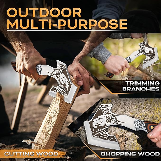 TIVOLI Camping Axe, Lion - Patterned Survival Hatchet with Nylon Sheath, High Carbon Steel Blade Compact Outdoor Bushcraft Axe with Ergonomic Wood Grip, Camping Gear for Hiking, Chopping, Hunting