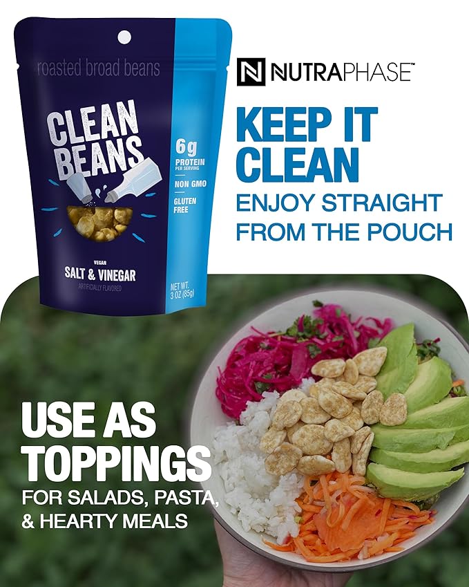 Clean Beans Broad Fava Beans Snack - Salt & Vinegar Flavor, 6g Protein, Low Sugar, Non-GMO, Non-Gluten - On The Go Office Snack - Nutraphase, 85g x 6-Count