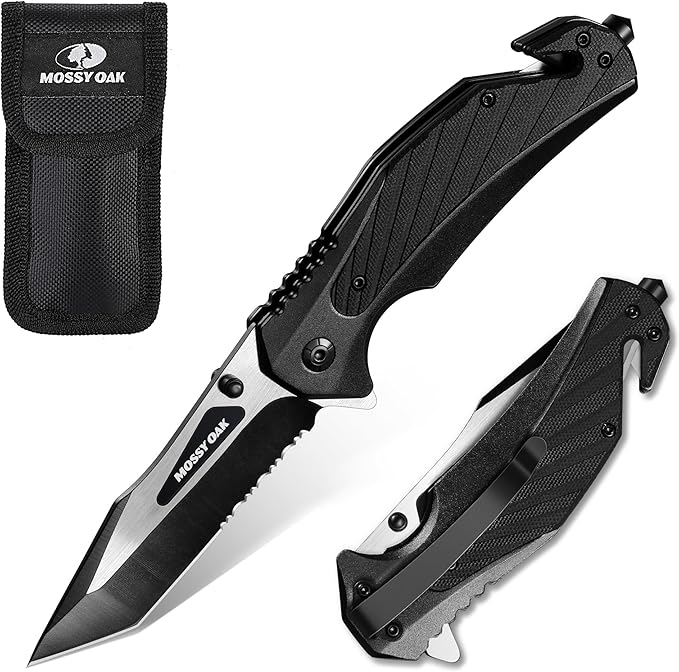 MOSSY OAK Folding Pocket Knife with Aluminium Alloy & G10 Handle, 4.75" Tactical Knife with Tungsten Steel Glass Breaker, Seatbelt Cutter, Belt Clip, Survival Knife for Emergency, Outdoor, Camping