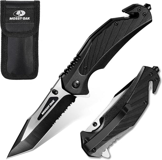 MOSSY OAK Folding Pocket Knife with Aluminium Alloy & G10 Handle, 4.75" Tactical Knife with Tungsten Steel Glass Breaker, Seatbelt Cutter, Belt Clip, Survival Knife for Emergency, Outdoor, Camping