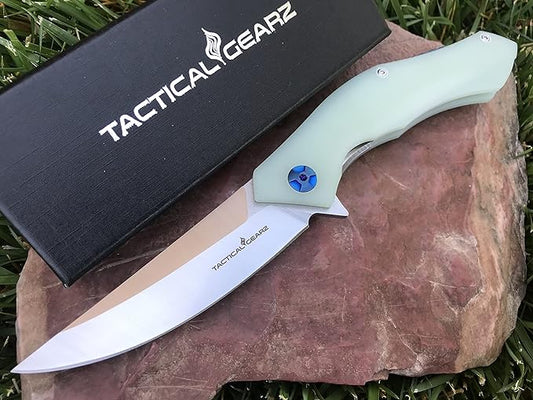 TACTICAL GEARZ Pocket Folding Knife for EDC, D2 Steel Blade, Solid G10 Handle, Includes Sheath (Triton Ice)