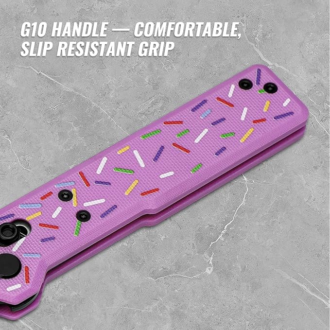 Tarcus Folding Pocket Knife, 3.5" D2 Steel DLC Blade G10 Handle, Lightweight EDC Knife with Crossbar Lock for Men and Women, Ideal for Camping, Hiking, and Survival (Doughnut)