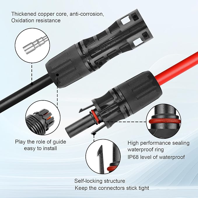 25 FEET 8AWG Solar Panel Extension Cable,8 Gauge Extension Cord, Solar Panel Wire with Extra Fair of Female and Male Quick Connectors Solar Adapter for RV, Off-Grid Systems (25FT Red + 25FT Black)
