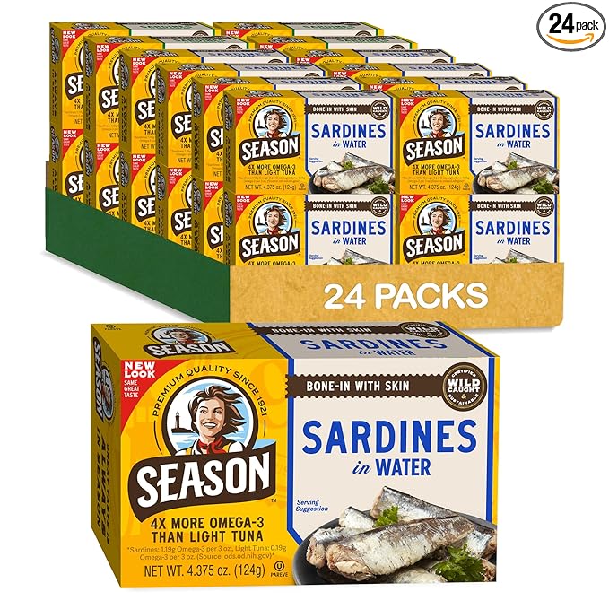 Season Sardines in Water - Wild Caught Fish, 22g of Protein, Keto Snacks, More Omega 3's Than Tuna, High in Calcium, Canned Sardines - 4.37 Oz Tins, 24-Pack
