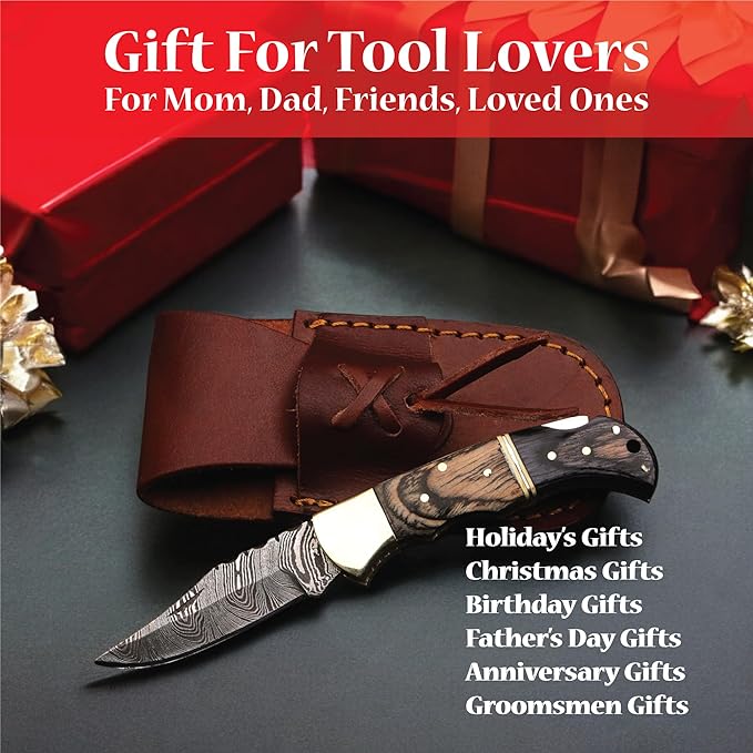 6.5 inch Damascus Pocket Knife with Sheath, Handmade Folding Pocket Knife for Men, Black-Red Wooden Handle with Brass Bolster, Secure Lock Back Camping Knife for EDC,Hunting,Hiking (Brown)