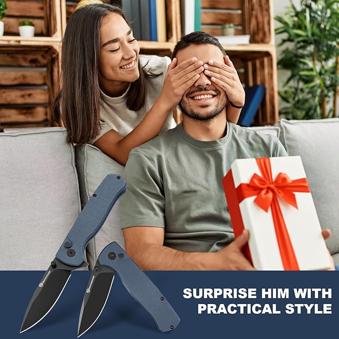 Pocket Knife for Men Y-M with 14C28N Steel Blade, Button Lock with Safety Switch, Blue G10 Handle, 7.28" Folding Knife with Clip and Sheath