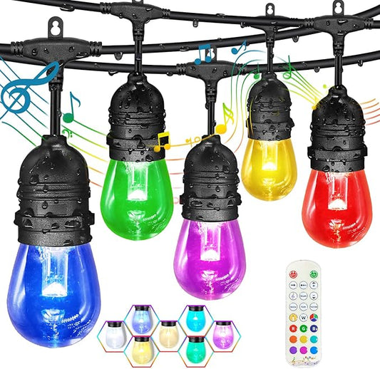 GANA Outdoor String Lights, Patio Lights 75FT Music Flash RGBW Colourful, Safe 12V Low Voltage LED Shatterproof Bulbs Connectable, Heavy Duty Wire IP65 Waterproof Level for Courtyards Cafe Bistro
