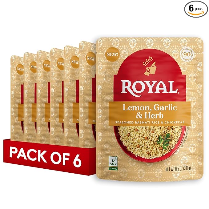 Royal Lemon, Garlic, and Herb Basmati White Rice and Chickpeas - Ready to Heat Basmati Rice - (6 Pack) 8.5 oz Microwaveable Pouch