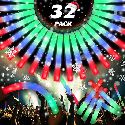 32 Packs 15.7 inch Foam Glow Sticks Bulk, 3 Color LED Light Foam Sticks, Glow In The Dark Party Supplies, 3 Modes Colorful Flashing for Christmas, Birthday