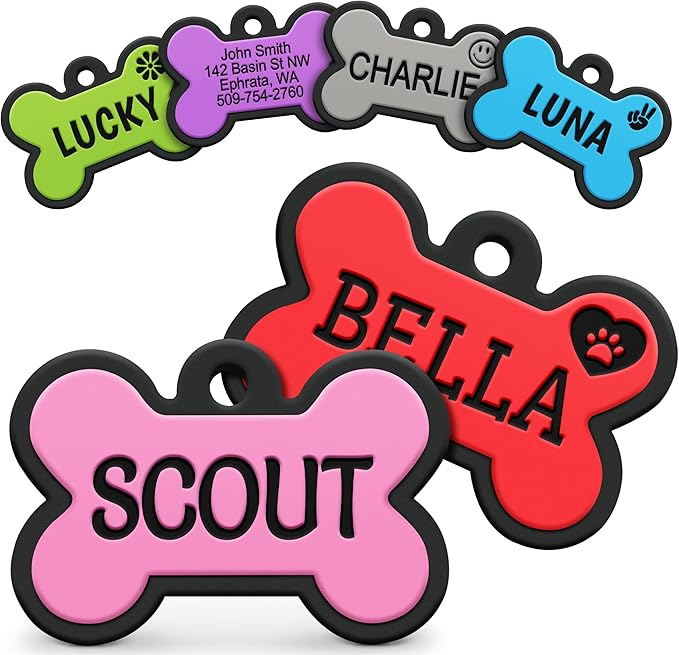 GoTags Silicone Dog Tags, Soundless Pet Tag, Personalized Silent Tag Engraved for Pets with Cute Custom Designs, for Dogs and Cats, (Bone, Pink)