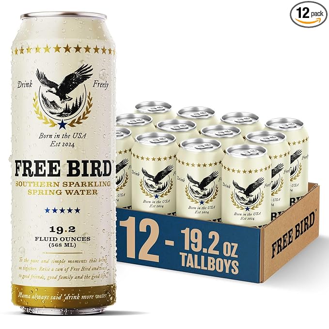 Free Bird, Sparkling Southern Spring Water, 12-Pack (19.2oz Tallboy Cans) ??Unflavored Carbonated Zero Sugar, Crisp & Bubbly, Blue Ridge Mountain Water