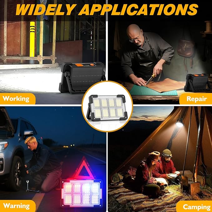 120W Solar Rechargeable Work Light, 144 LED 10000LM Led Work Light with 4 Modes, Portable Flood Light with Stand, IP66 Waterproof Outdoor Working Light for Emergency Mechanic Camping Repair (Black)