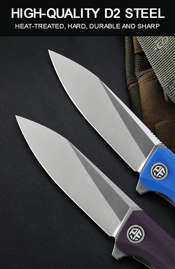 Petrified fish G10 handle D2 steel blade 2CR13 liner ball bearing flipper folding knife camping hunting EDC pocket tool PF818 (Black, Satin)