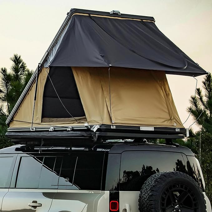 Hardshell Rooftop Tent, Roof Top Tent for 2-3, with Aluminium Ladder, Skyview Window, Mattress, LED Light, Blackout-Coated for UV Protection, Waterproof, for Truck, Jeep, SUV, Van