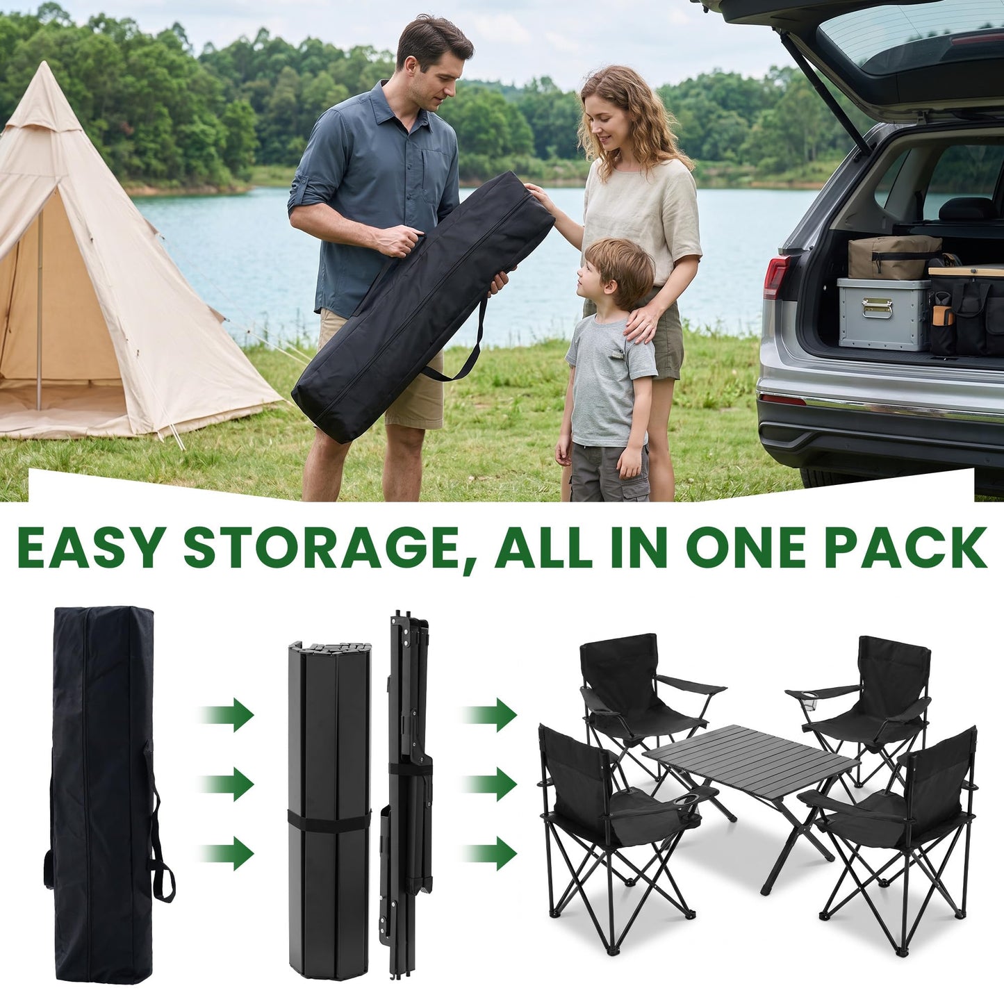 Geisoun 4 Pack Folding Camping Chairs with Table Set, Foldable Portable Lawn Chairs with Carry Bag