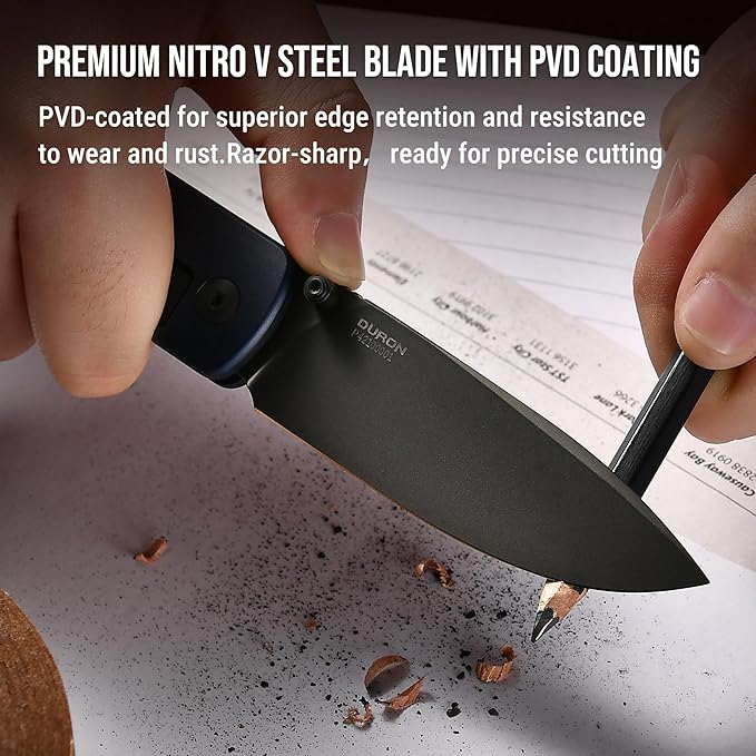 OKNIFE Duron Folding Pocket Knife, 3.5" PVD Coated Nitro-V Steel Blade, Frame Lock Lightweight O-Aluminum Ambidextrous Handle with Clip, Ideal EDC Tool for Outdoor, Camping & Survival (Navy Blue)