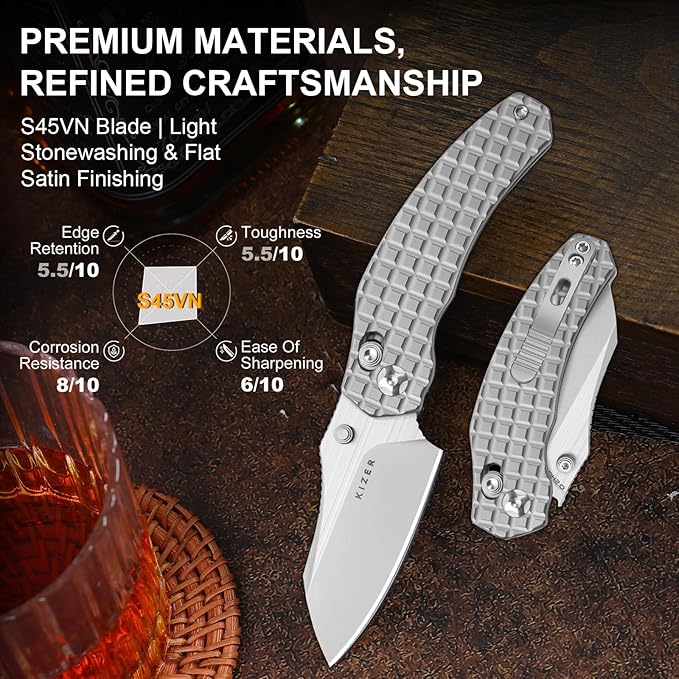 Kizer Mini Bulldog Pocket Knife, 2.5??S45VN Sheepsfoot Blade Folding Knife, Titanium Handle Clutch Lock Small EDC Knife for Men Women Gift, Camping Hunting Knives Ki3672SA2