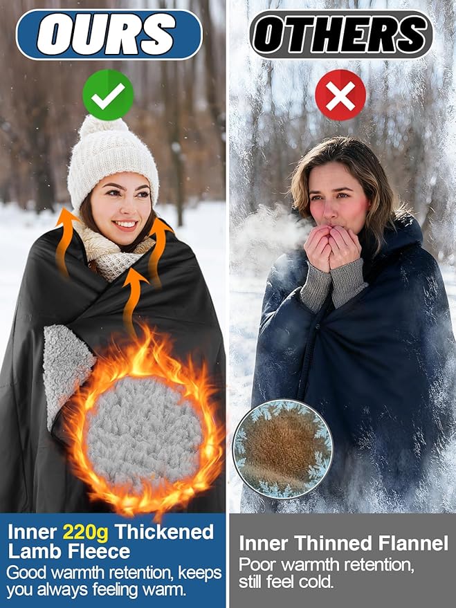 Waterproof Outdoor Stadium Blanket with Sherpa Lining-Washable Windproof Warm Foldable for Camping, Sporting Events, Picnic, Concert, Pet, Travel, Emergency Car Blanket, Gift for Cold Weather (Black)