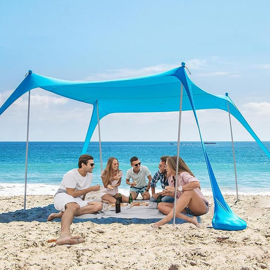AMMSUN Beach Tent Portable Sun Shelter,9X 9ft Beach Canopy Easy Setup, 9'x9'Lycra Sun Shelter with UPF50+ Protection 4 Sand Bags & 4 Aluminum Poles for Family at The Beach, Camping & Outdoor