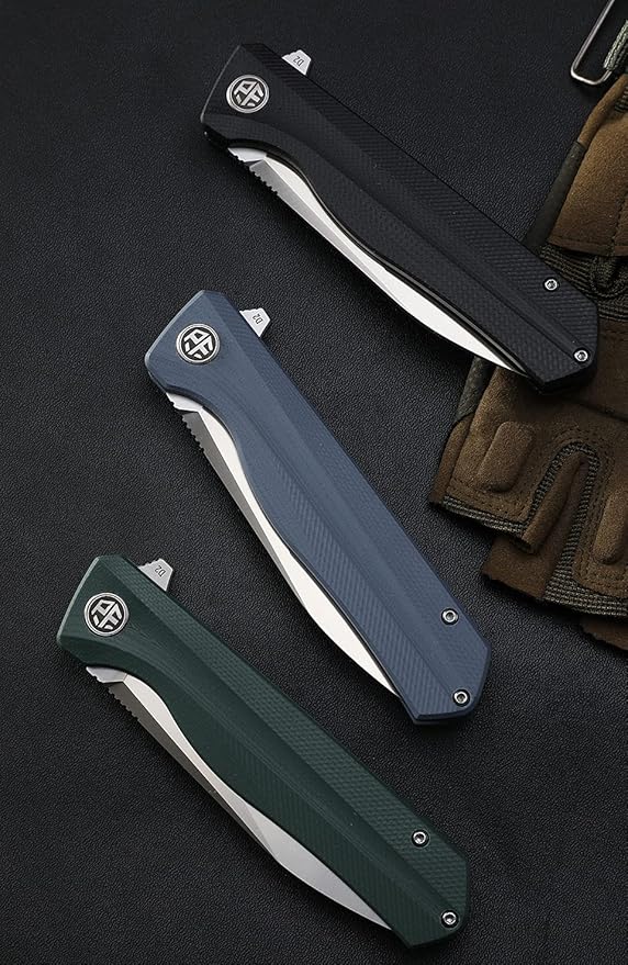 Petrified fish G10 handle D2 steel blade 2CR13 liner ball bearing flipper folding knife camping hunting EDC pocket tool PF818 (Green, Stonewash)