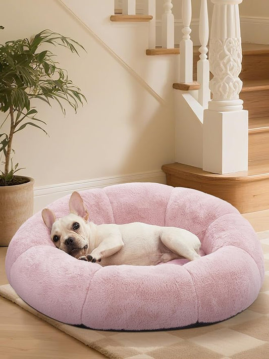 OhGeni 31 inches Calming Donut Orthopedic Dog & Cat Bed for Medium Pets, Warming Comfort Fluffy Short Pile Fur, Durable Waterproof Machine Washable Removable Cover, Cute Round Bed for Puppy, Pink