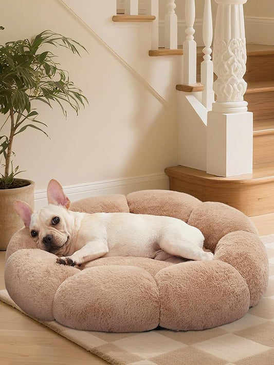 OhGeni 27 inches Calming Donut Dog & Cat Bed for Medium Pets, Warming Comfort Fluffy Short Pile Fur, Durable Machine Washable Round Bed, Cute Round Bed for Puppy and Kitten, Camel