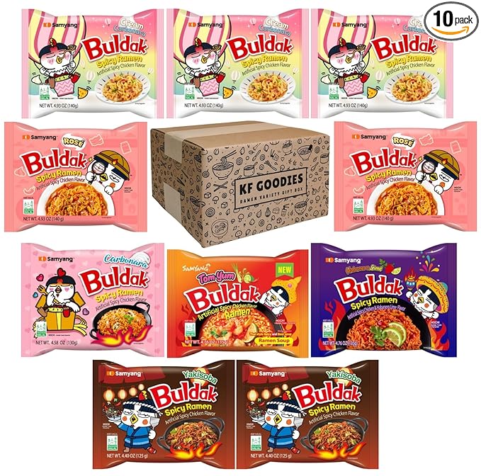 KF GOODIES Korean Ramen Variety Pack Gift Box (10 Count - Carbonara, Cream Carbonara (3), Habanero Lime, Rosé (2), Tom Yum, Yakisoba (2)) – Spicy Buldak Noodle Assortment for Birthdays, College Care Packages, Office Snacks, and Gift Baskets