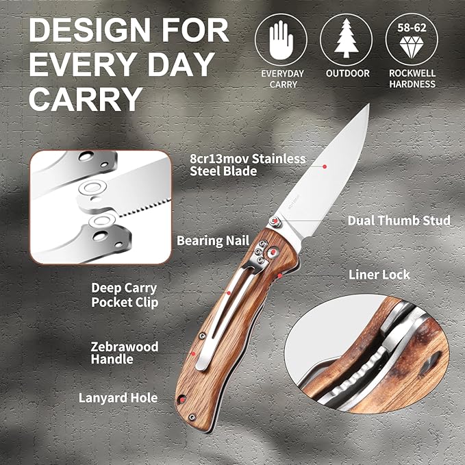 Vickay Pocket Knife for Men, Folding Knife with Clip, 3.74" 8Cr13MoV Steel Blade, Wood Handle EDC Knife for Outdoor Camping,Tactical, Hunting and Fishing Gift (Zebrawood)