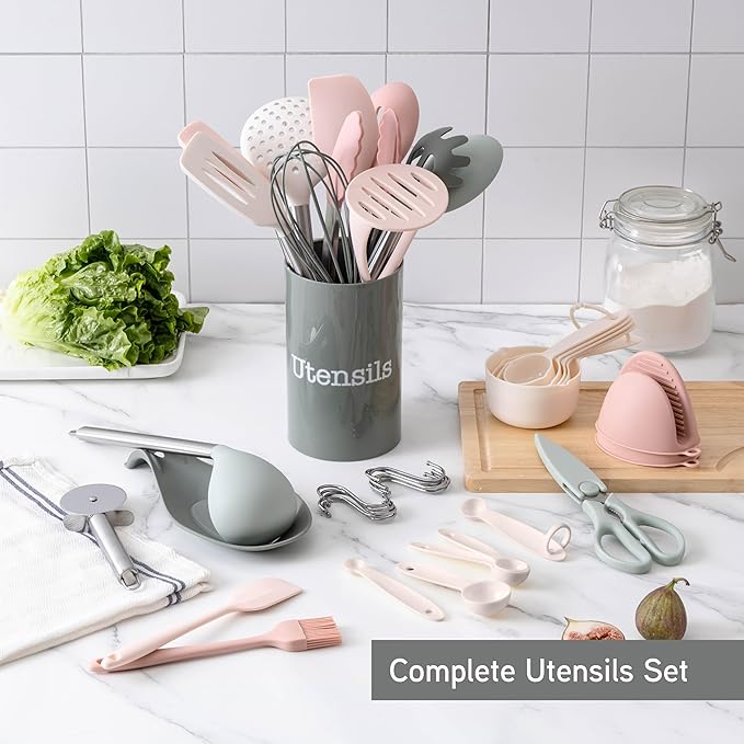 COOK WITH COLOR Silicone Cooking Utensils, Kitchen Utensil Set, Easy to Clean Silicone Kitchen Utensils, Cooking Utensils for Nonstick Cookware, Kitchen Gadgets Set, 38 Piece, Mint