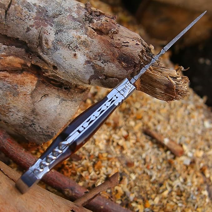 6.5 inch Damascus Pocket Knife with Sheath, Handmade Folding Pocket Knife for Men, Black-Red Wooden Handle with Brass Bolster, Secure Lock Back Camping Knife for EDC,Hunting,Hiking (Legual)