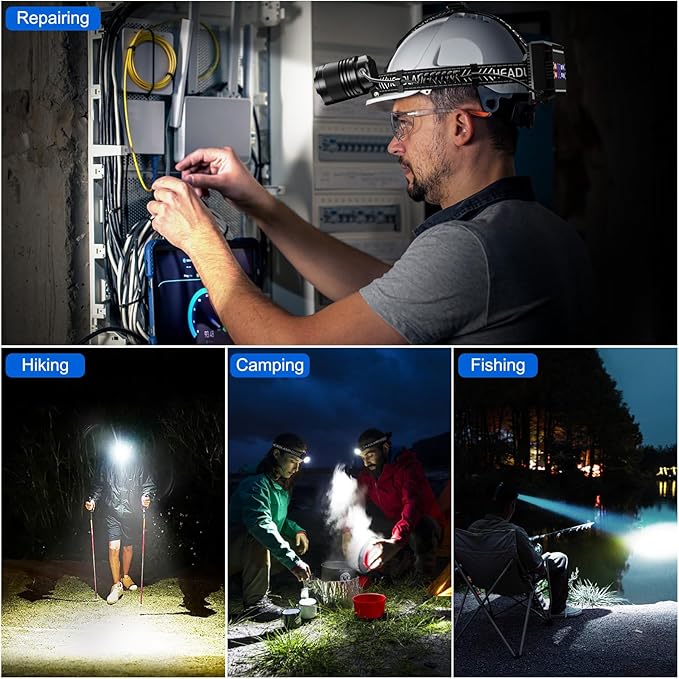 Cinlinso Headlamp Rechargeable, 99,000 Lumens Super Bright LED Head Lamp with 4 Modes, 90° Adjustable Head Lights for Forehead, IPX6 Waterproof HeadLamps for Adults Camping Hunting
