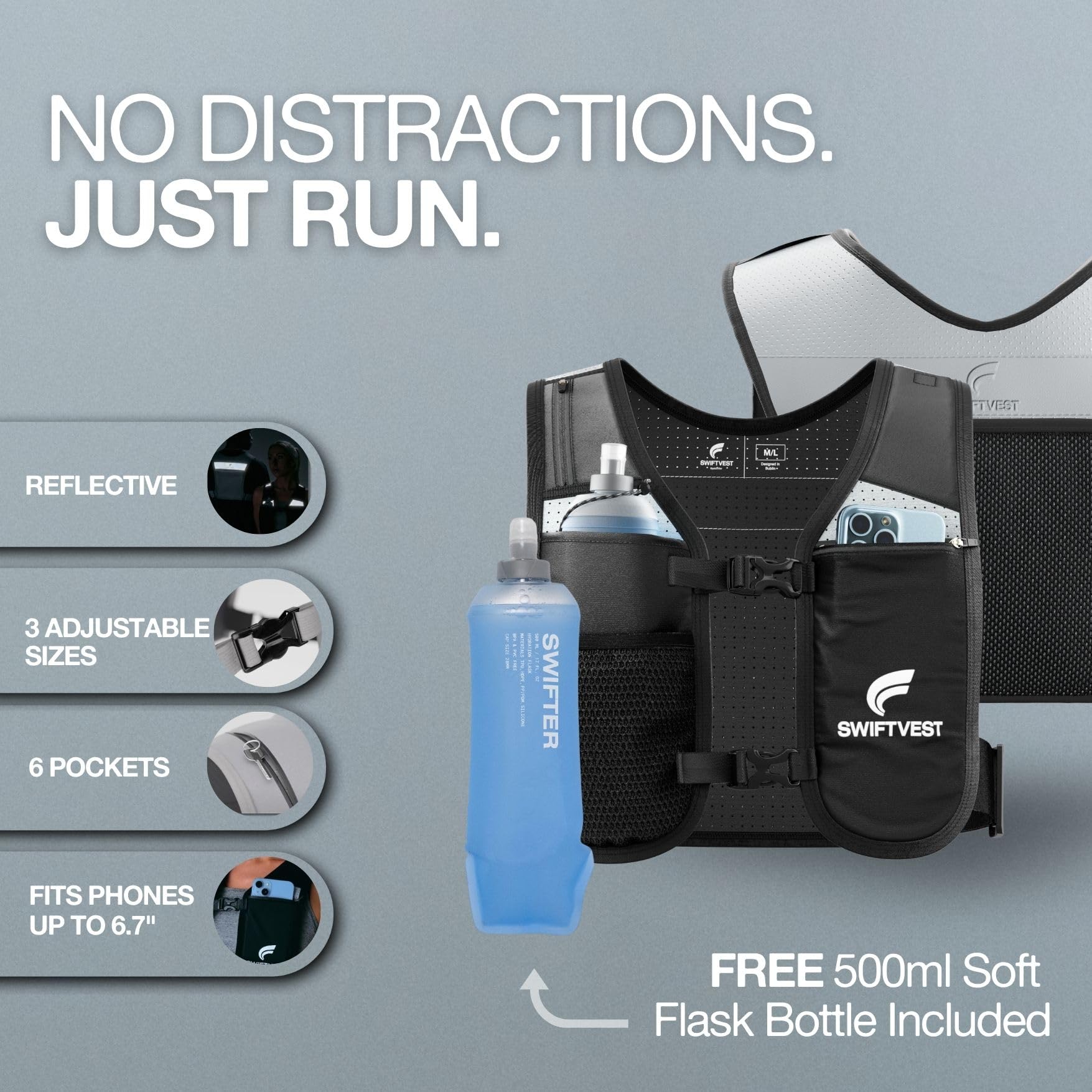 SWIFTVEST Running Vest for Women & Men with Water Bottle | Lightweight Hydration Vest | Reflective