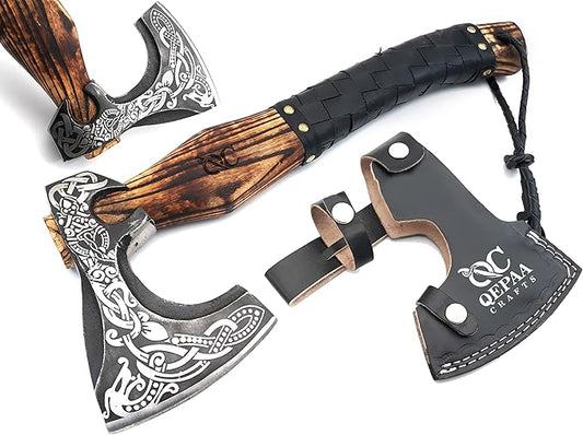 Viking Axe - Premium Carbon Steel Hatchet Axes with Leather Sheath – 19 Inch Rosewood Handle Bushcraft for Camping, Wood Splitting, Gift for him(Medivial Axe)