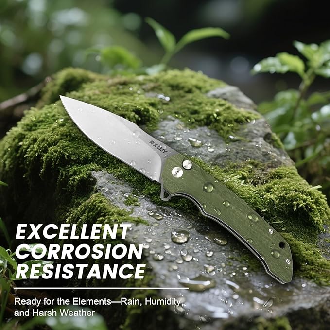 Folding Pocket Knife with Leather Sheath, 3.47" N690Co Premium Steel Blade G10 Handle Knives, EDC Small Folding Knife for Men Women, Outdoor Survival Camping Hiking Knife (Green)