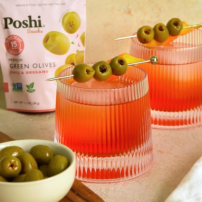 POSHI Green Pitted Olives - Chili & Oregano | Vegan, Kosher, Gluten Free + Keto Friendly, Fresh, All Natural Low Calorie Healthy Snacks | (30 Pack, 1.1oz Bags)