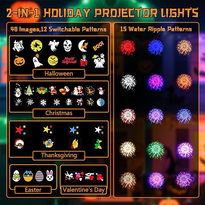 Halloween Projector Lights Outdoor, 2-In-1 HD Moving Pattern Holiday Projector Lights with Remote Control (12 Slides, 15 Colors), Three Fixing Methods, IP65 Waterproof Halloween Decorations with Timer